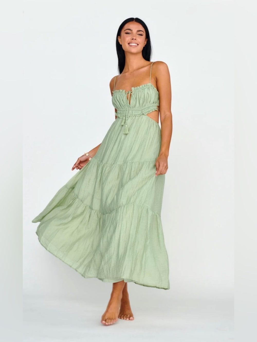 INDIKAH Sage Eyona Cut Out Waist Tie Maxi Dress - Large